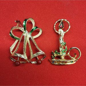 Christmas Pins/ Brooch Set of 2 Christmas Bell & Candle Pins